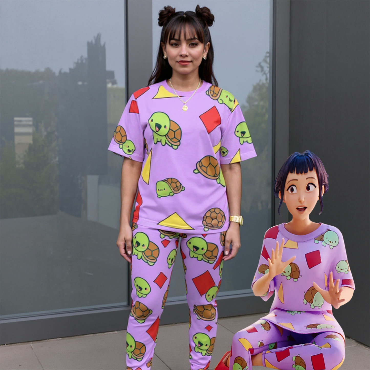 Zoey's Geometric Turtle Adult Size Pajama Set – K-Pop Demon Hunters Edition for Lounging Nap Sleeping